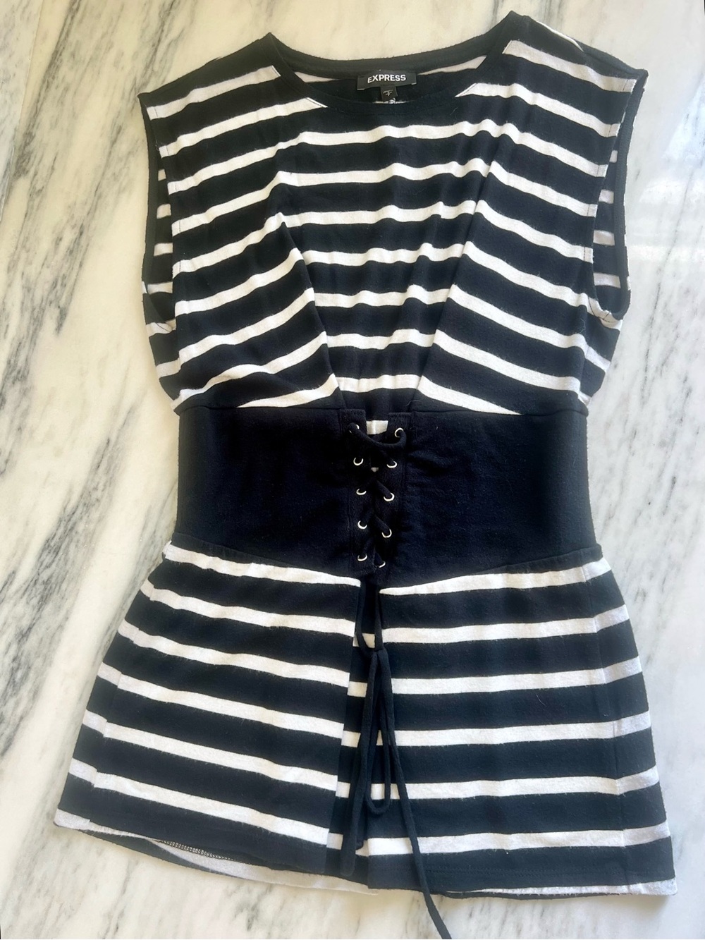 Express Black & White Striped Lace-Up Waist Top